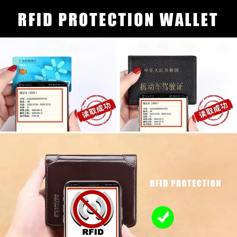 Men's Wallets RFID Blocking Genuine Leather Trifold Business Short Purse Wallet for Men with ID Window and Credit Card Holder