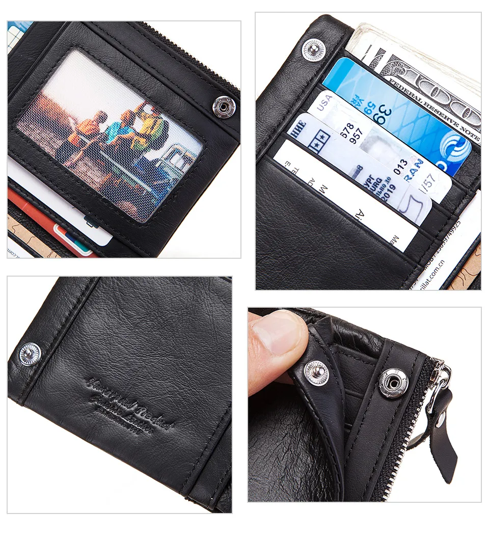 Top Quality Genuine Cow Leather Wallet Men Hasp Design Short Purse With Passport Photo Holder For Male Clutch Wallets Engraving