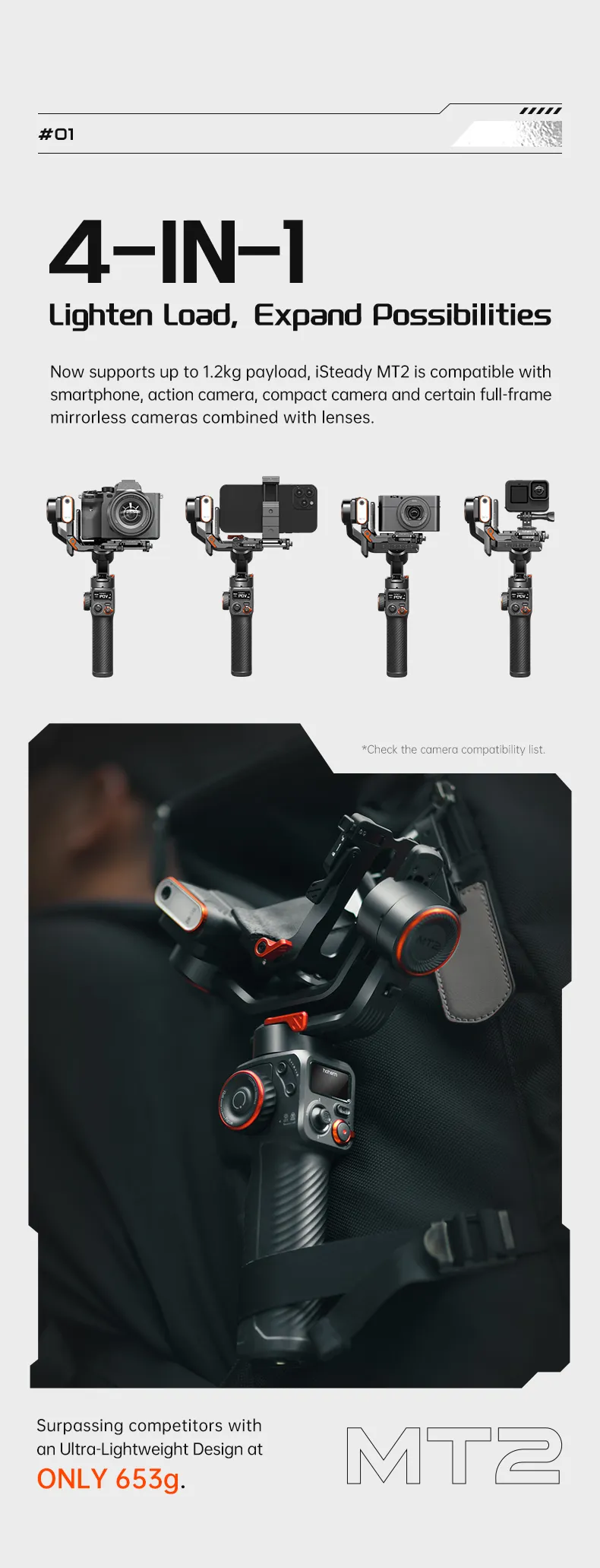 Hohem iSteady MT2 Kit for Mirrorless Camera Action Camre Smartphone, Stabilizer for Sony/Nikon/Canon, 3 Axis Gimbal Load 1.2kg