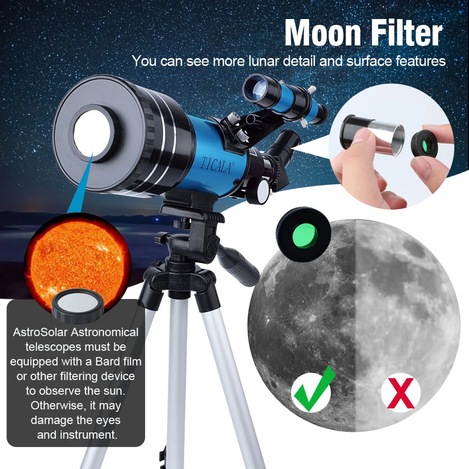 TICALA 150X Astronomical Telescope for Kids 70mm Refractor Telescopes for Astronomy Beginners with Bluetooth Camera Phone Holder