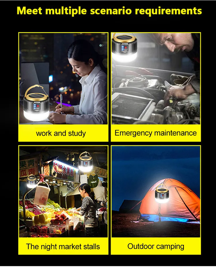 Solar LED Camping Light Waterproof Rechargeable Tent Lamp Portable Lanterns Emergency Lights Market Lamp Energy Saving Bulb