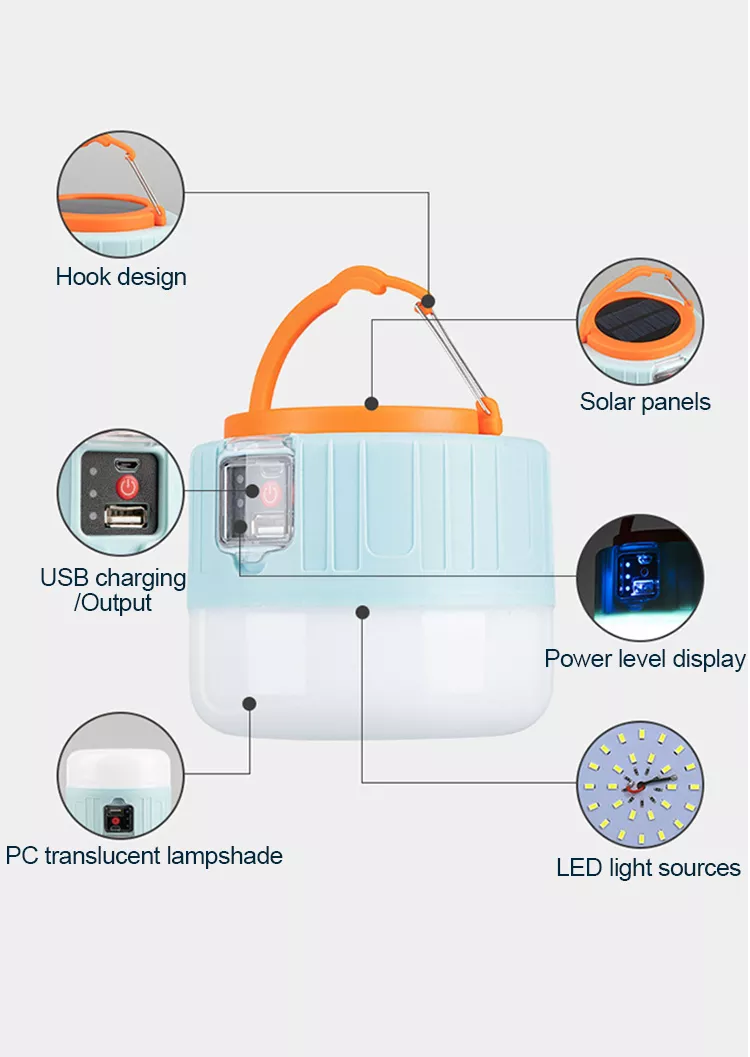 Solar LED Camping Light Waterproof Rechargeable Tent Lamp Portable Lanterns Emergency Lights Market Lamp Energy Saving Bulb