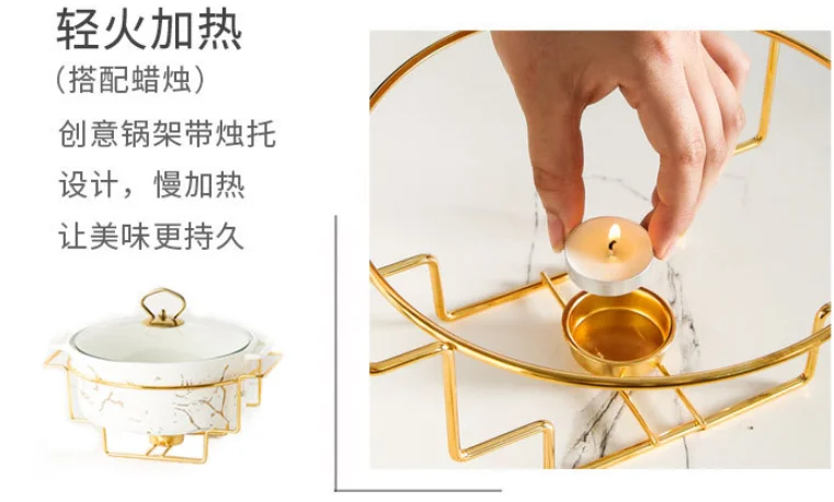 Imitation Marble Double Ear Ceramic Dry Pot with Lid, Soup Bowl, Candle Heating Pot, Meat, Family Dishes, Creative Tableware