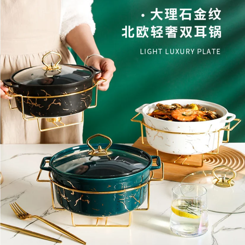 Imitation Marble Double Ear Ceramic Dry Pot with Lid, Soup Bowl, Candle Heating Pot, Meat, Family Dishes, Creative Tableware