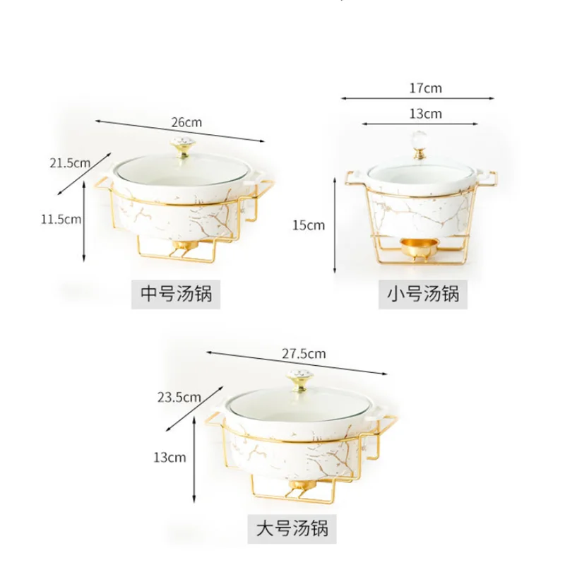 Imitation Marble Double Ear Ceramic Dry Pot with Lid, Soup Bowl, Candle Heating Pot, Meat, Family Dishes, Creative Tableware