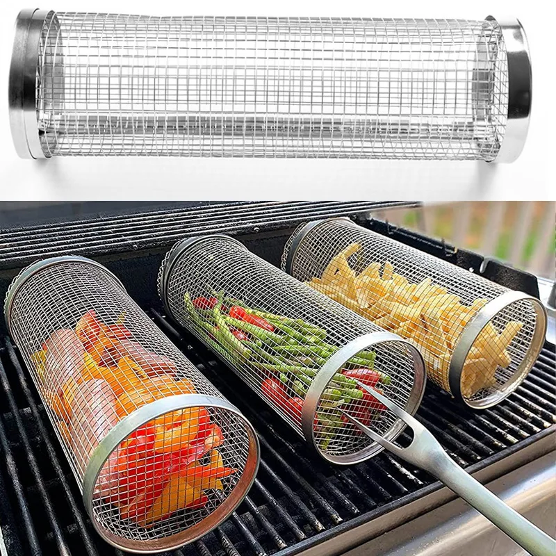 Stainless Steel Barbecue Grill Grate Barbecue Cage Camping Picnic Cookware Outdoor Round BBQ Campfire Grill Rolling Grill Basket