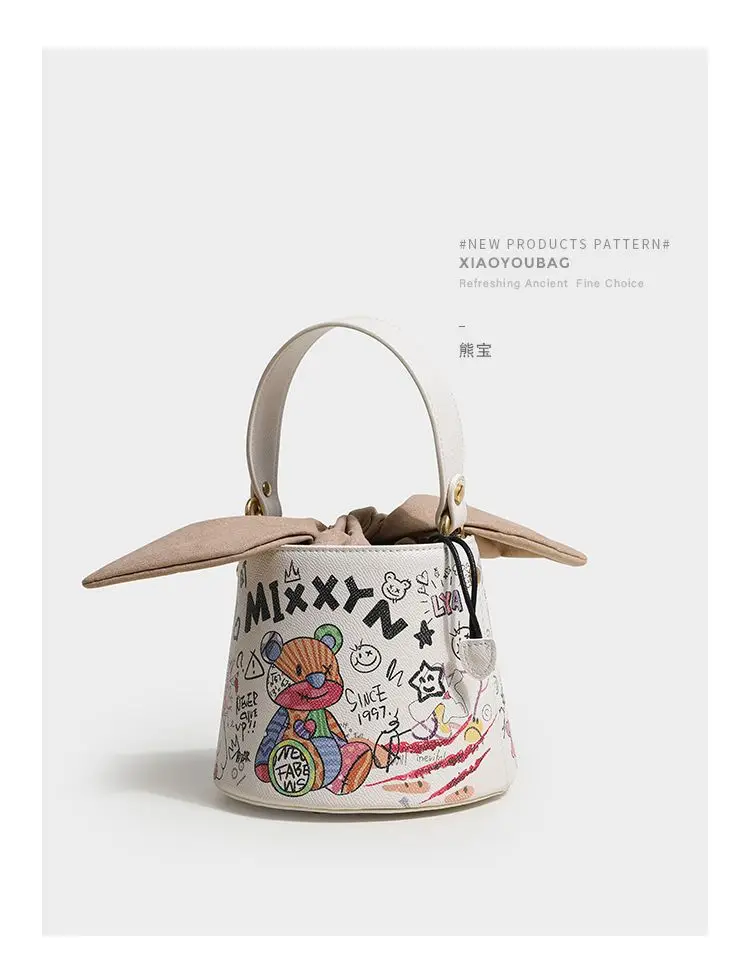 2024 New Super Beautiful Graffiti Childlike Bear Bucket Bag Graffiti Bag Cute Female Summer Bag Versatile Messenger Bag