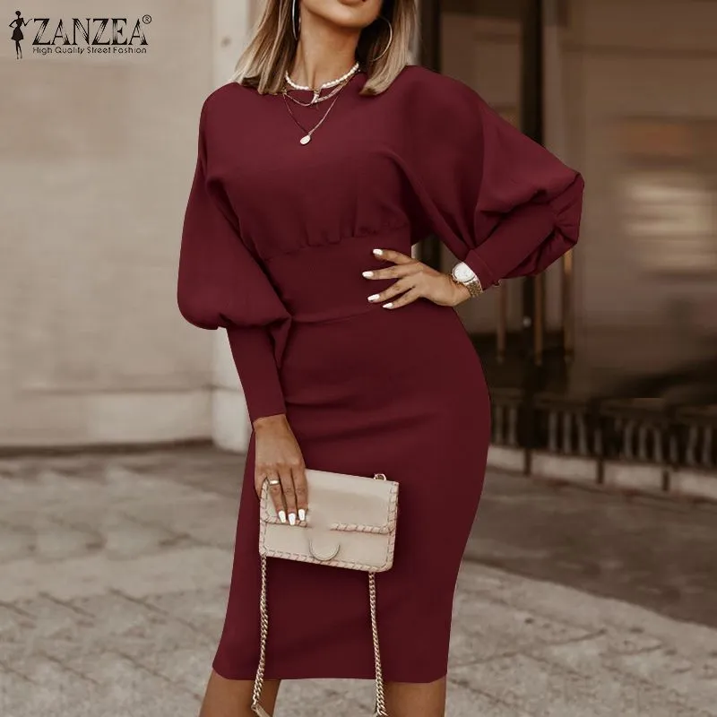 Elegant Women Pencil Dress Autumn Long Lantern Sleeve Bodycorn Sundress Stylish Solid Work OL Knee-length Vestidos Kaftan