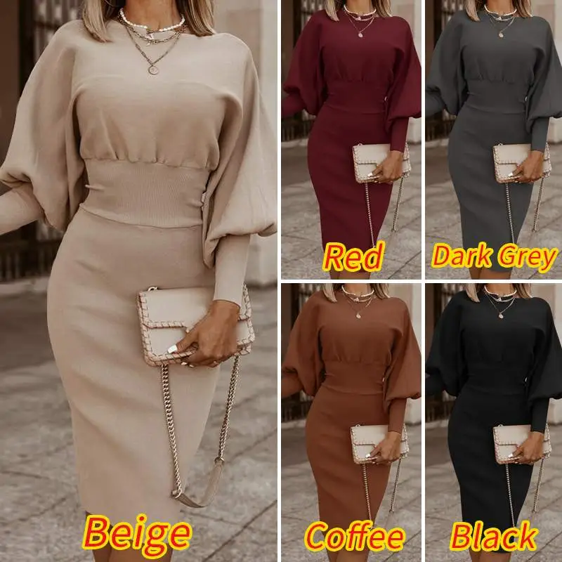 Elegant Women Pencil Dress Autumn Long Lantern Sleeve Bodycorn Sundress Stylish Solid Work OL Knee-length Vestidos Kaftan