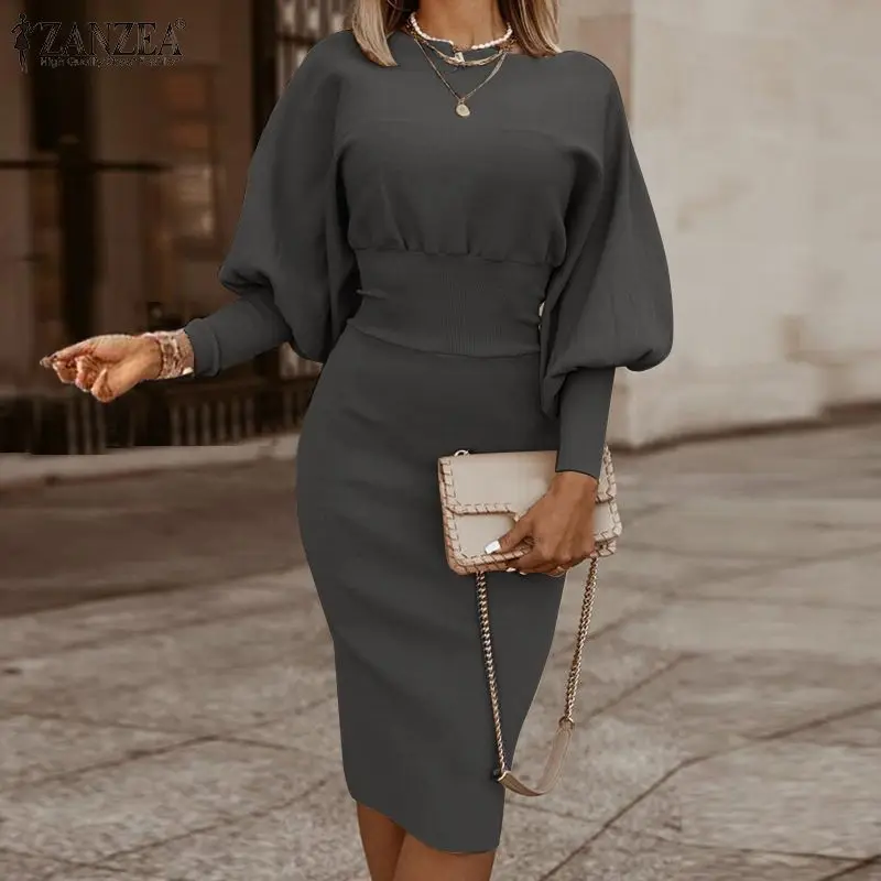 Elegant Women Pencil Dress Autumn Long Lantern Sleeve Bodycorn Sundress Stylish Solid Work OL Knee-length Vestidos Kaftan