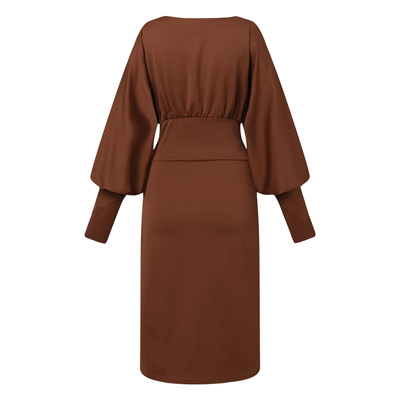 Elegant Women Pencil Dress Autumn Long Lantern Sleeve Bodycorn Sundress Stylish Solid Work OL Knee-length Vestidos Kaftan