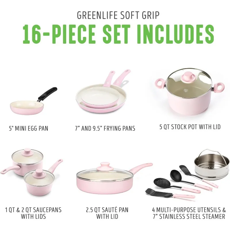 GreenLife Soft Grip Healthy Ceramic Nonstick 16 Piece Kitchen Cookware Pots and Frying Sauce Saute Pans Set, PFAS-Free with Kit