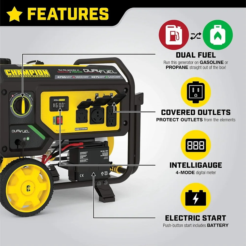 Champion Power Equipment 201052 4750/3800-Watt Dual Fuel Portable Generator with Electric Start, Wheel Kit