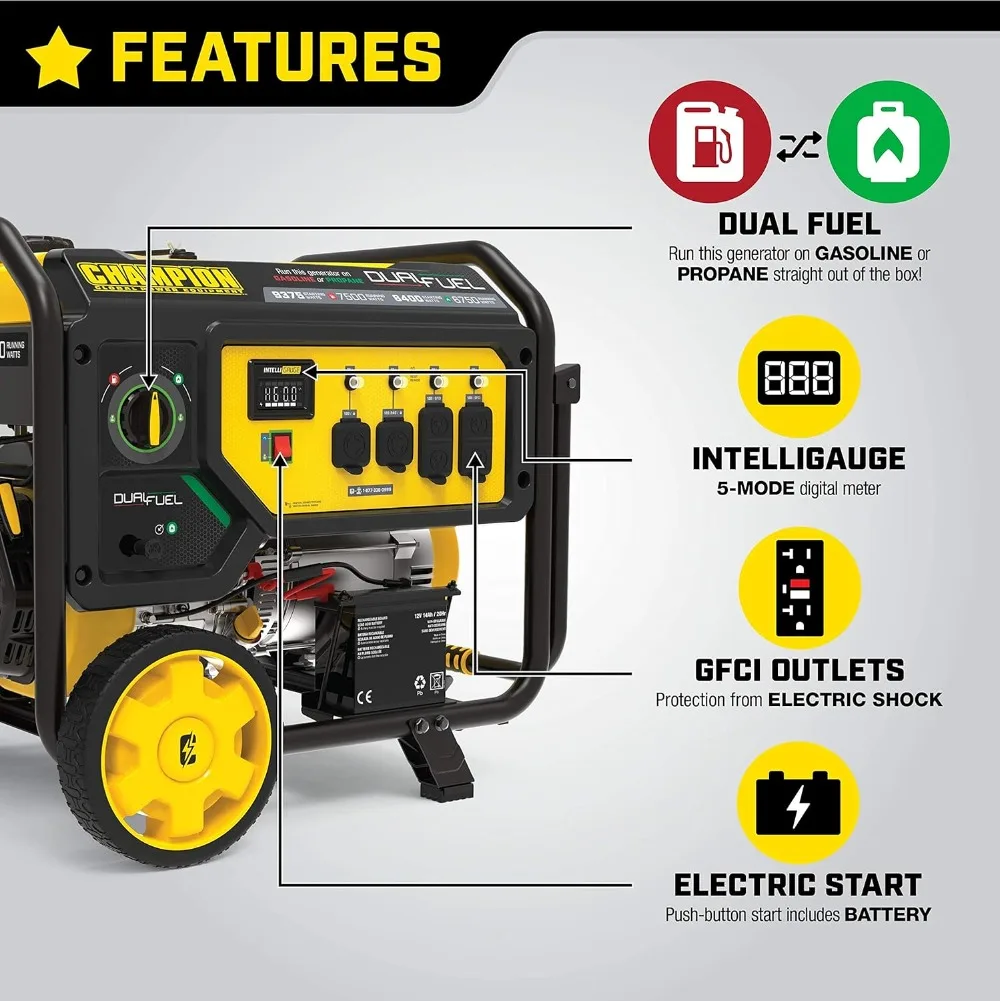 Champion Power Equipment 201052 4750/3800-Watt Dual Fuel Portable Generator with Electric Start, Wheel Kit