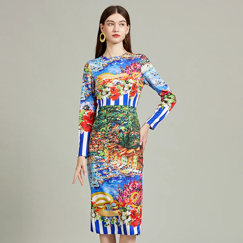 2024 New Fashion Holiday Flower Pencil Dress Women Clothing Long Sleeve O-Neck Striped Floral Print Split Midi Vestidios