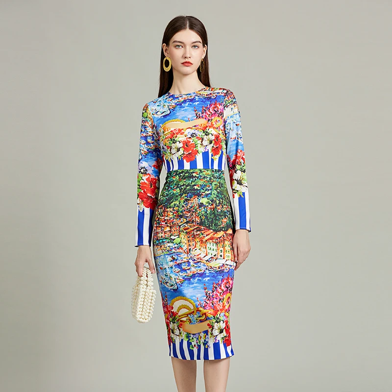 2024 New Fashion Holiday Flower Pencil Dress Women Clothing Long Sleeve O-Neck Striped Floral Print Split Midi Vestidios