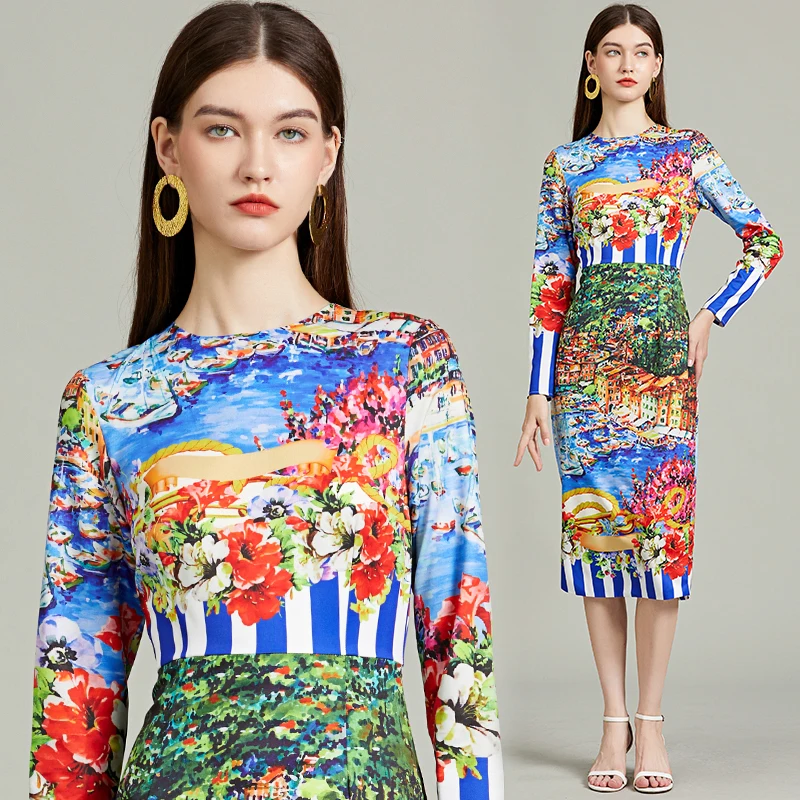 2024 New Fashion Holiday Flower Pencil Dress Women Clothing Long Sleeve O-Neck Striped Floral Print Split Midi Vestidios