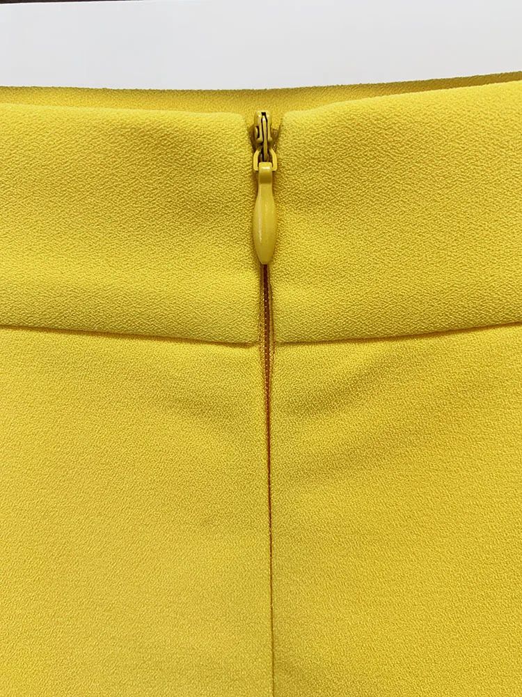 Runway Yellow Bead Diamond 2pcs Set Women Coat Tops Back Zipper And Mini Short Skirts Suits