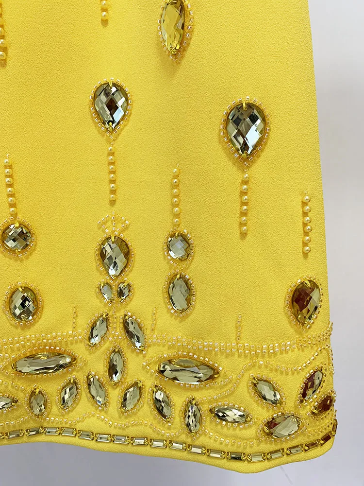 Runway Yellow Bead Diamond 2pcs Set Women Coat Tops Back Zipper And Mini Short Skirts Suits