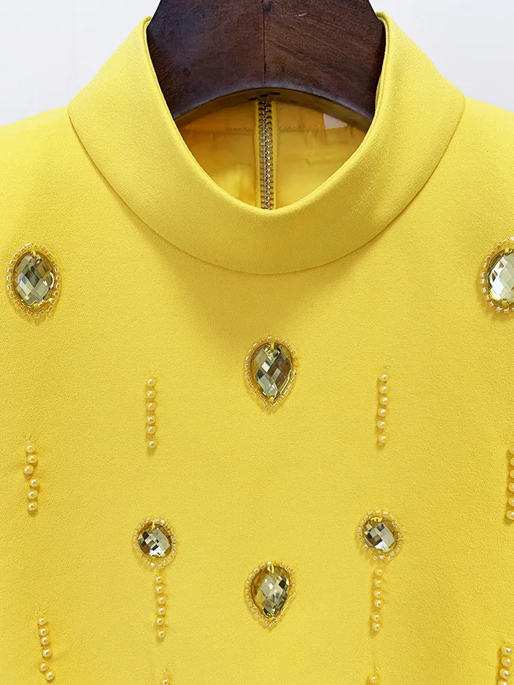 Runway Yellow Bead Diamond 2pcs Set Women Coat Tops Back Zipper And Mini Short Skirts Suits