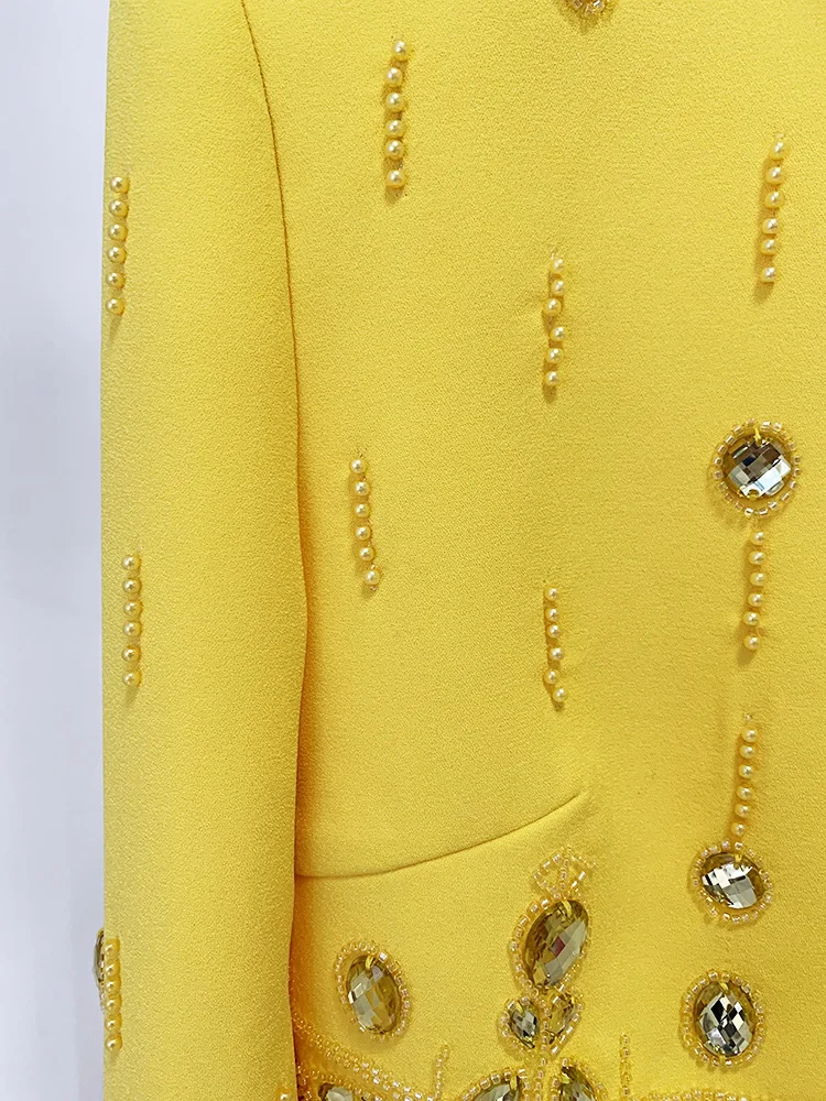 Runway Yellow Bead Diamond 2pcs Set Women Coat Tops Back Zipper And Mini Short Skirts Suits