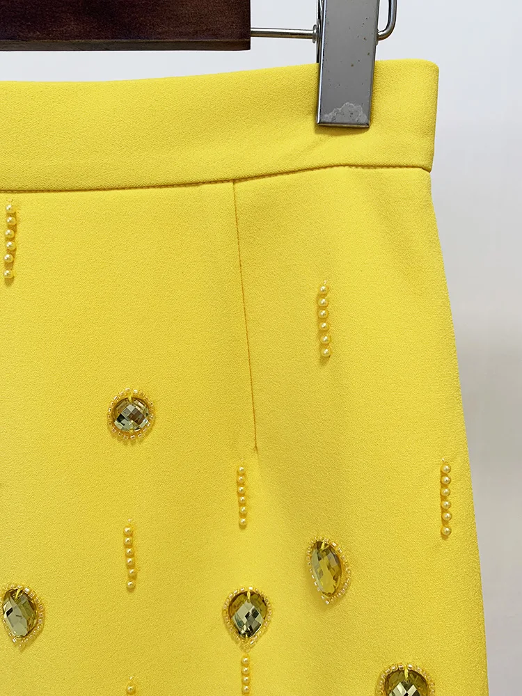 Runway Yellow Bead Diamond 2pcs Set Women Coat Tops Back Zipper And Mini Short Skirts Suits