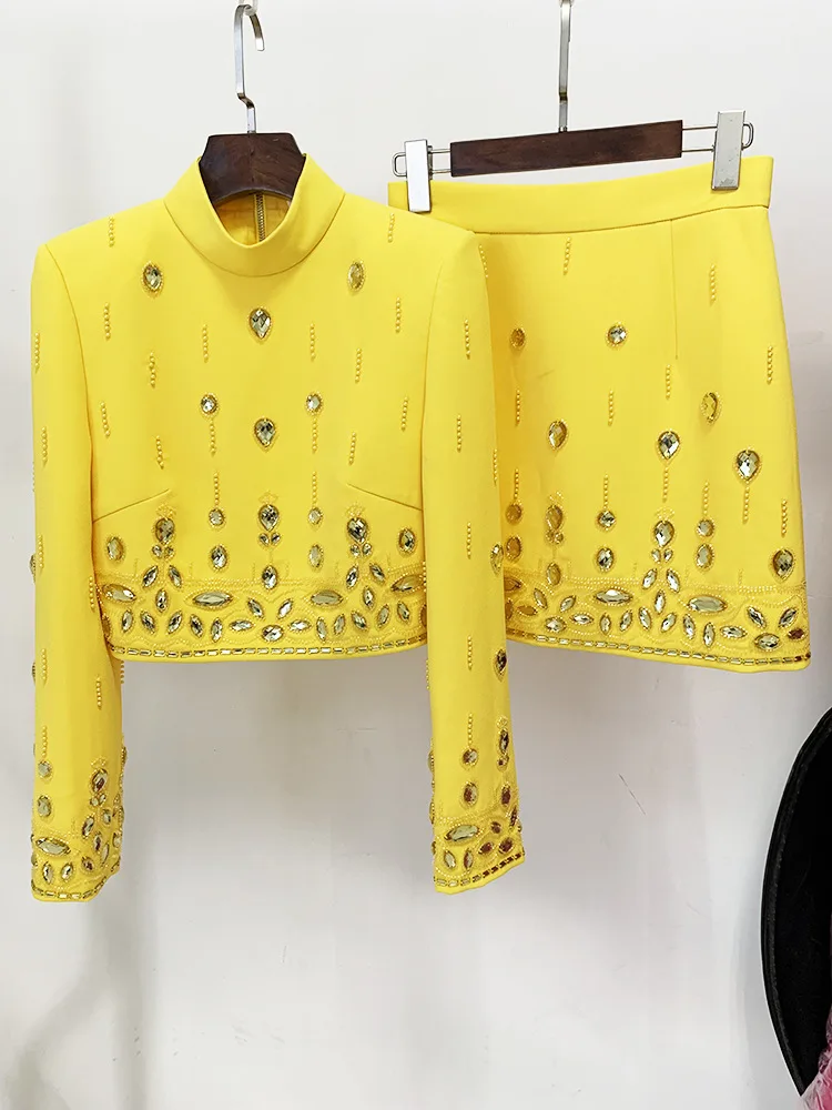 Runway Yellow Bead Diamond 2pcs Set Women Coat Tops Back Zipper And Mini Short Skirts Suits