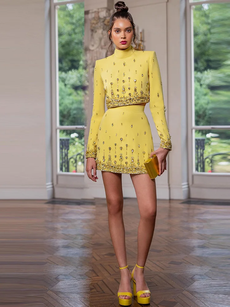Runway Yellow Bead Diamond 2pcs Set Women Coat Tops Back Zipper And Mini Short Skirts Suits