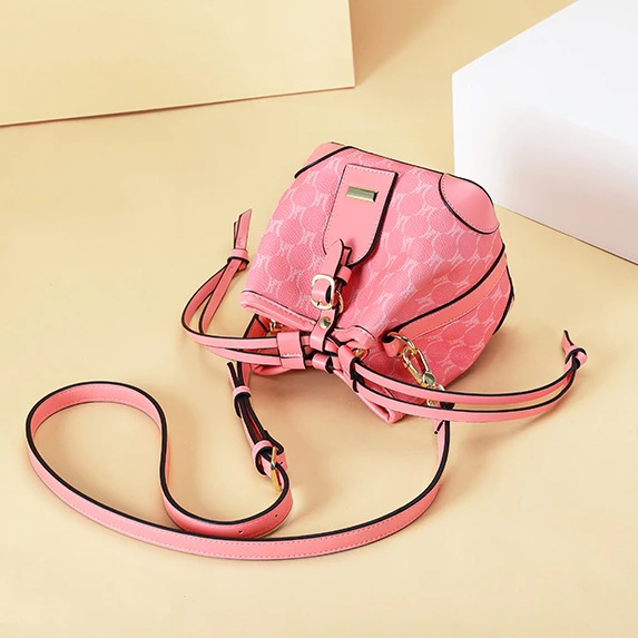 High Quality PU Bucket Bags Women Sweet Elegant Pink Crossbody Bags Drawstring Design Vintage Print Shoulder Bag Bolsa Сумка