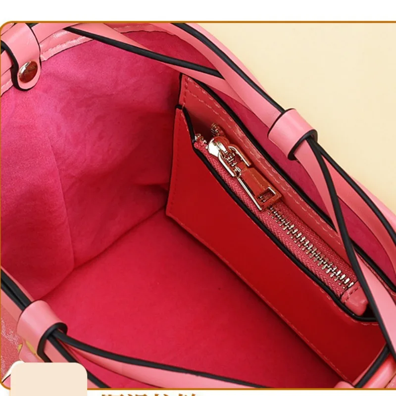 High Quality PU Bucket Bags Women Sweet Elegant Pink Crossbody Bags Drawstring Design Vintage Print Shoulder Bag Bolsa Сумка
