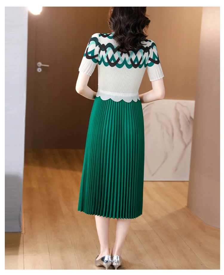 Sanzhai Pleated Dress 2023 Summer New O-Neck Elastic Slim Large Swing Dress Geometric Print Short Sleeve Knee Long Dress