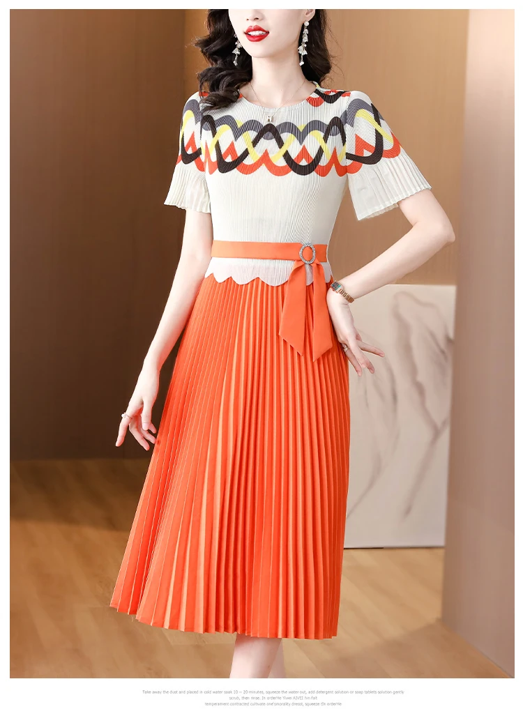 Sanzhai Pleated Dress 2023 Summer New O-Neck Elastic Slim Large Swing Dress Geometric Print Short Sleeve Knee Long Dress