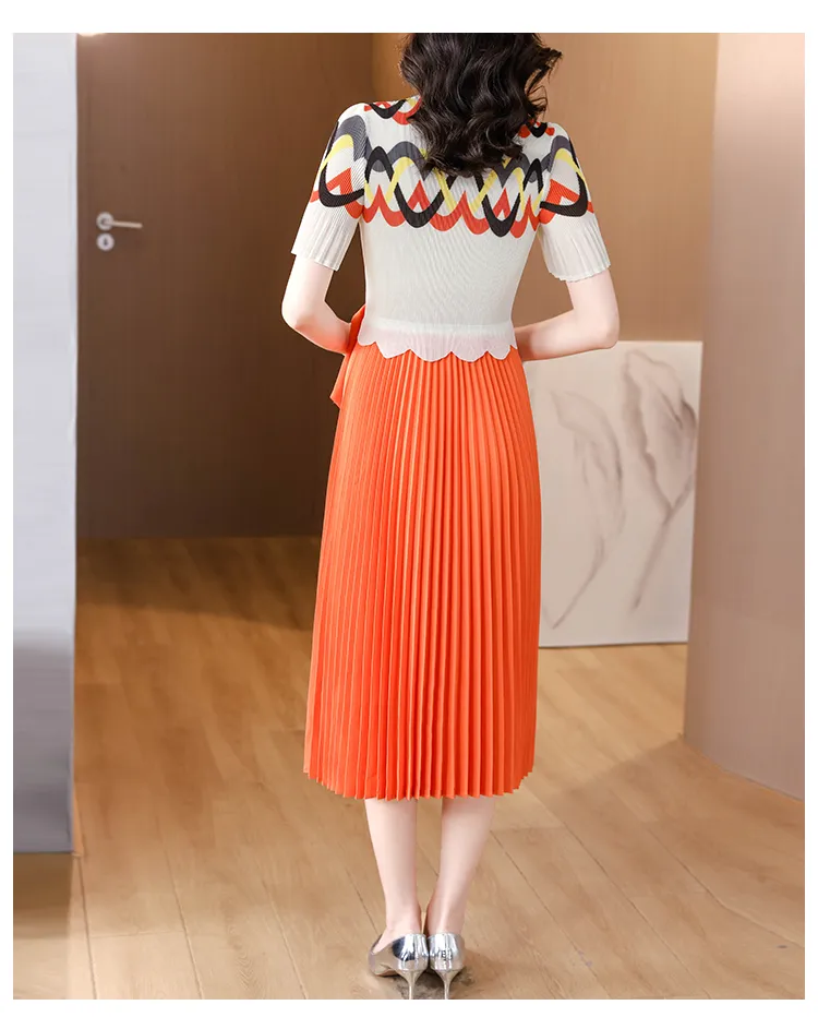 Sanzhai Pleated Dress 2023 Summer New O-Neck Elastic Slim Large Swing Dress Geometric Print Short Sleeve Knee Long Dress