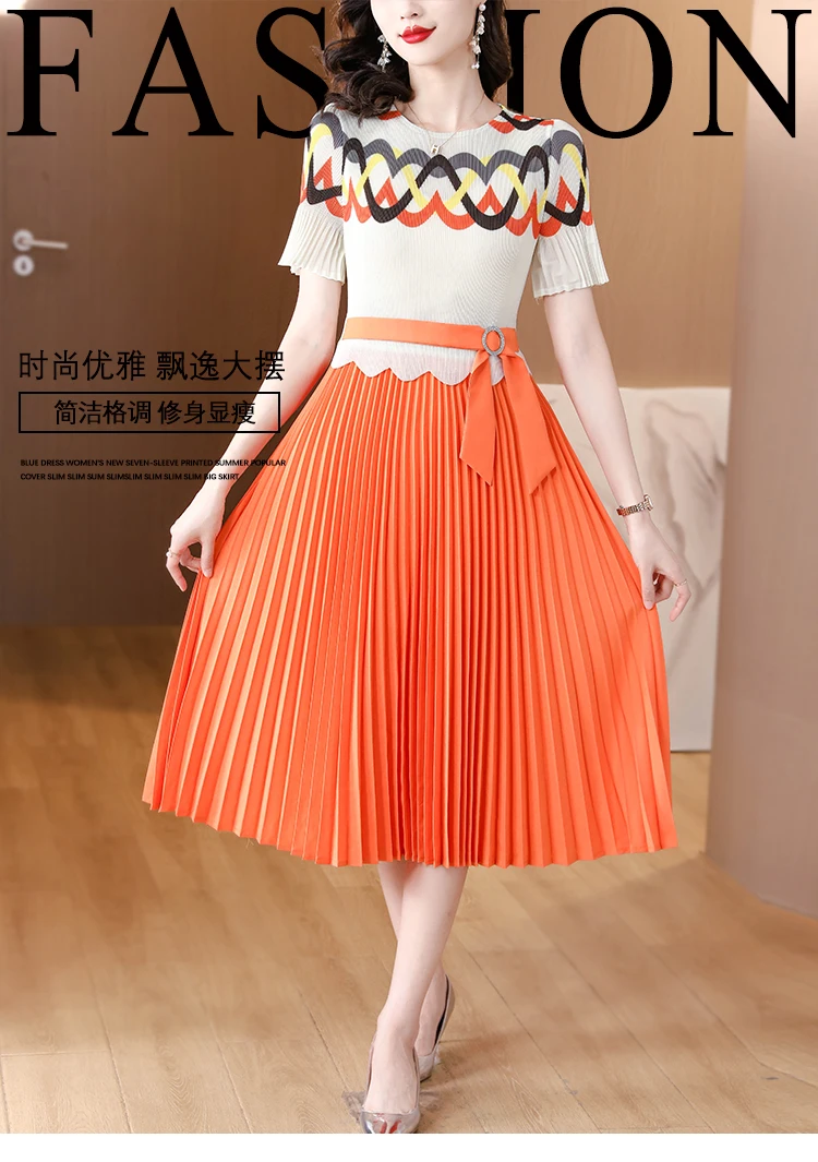 Sanzhai Pleated Dress 2023 Summer New O-Neck Elastic Slim Large Swing Dress Geometric Print Short Sleeve Knee Long Dress