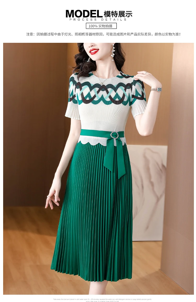 Sanzhai Pleated Dress 2023 Summer New O-Neck Elastic Slim Large Swing Dress Geometric Print Short Sleeve Knee Long Dress