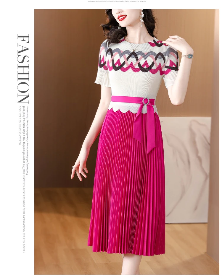 Sanzhai Pleated Dress 2023 Summer New O-Neck Elastic Slim Large Swing Dress Geometric Print Short Sleeve Knee Long Dress