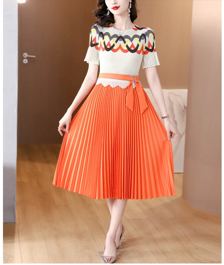 Sanzhai Pleated Dress 2023 Summer New O-Neck Elastic Slim Large Swing Dress Geometric Print Short Sleeve Knee Long Dress