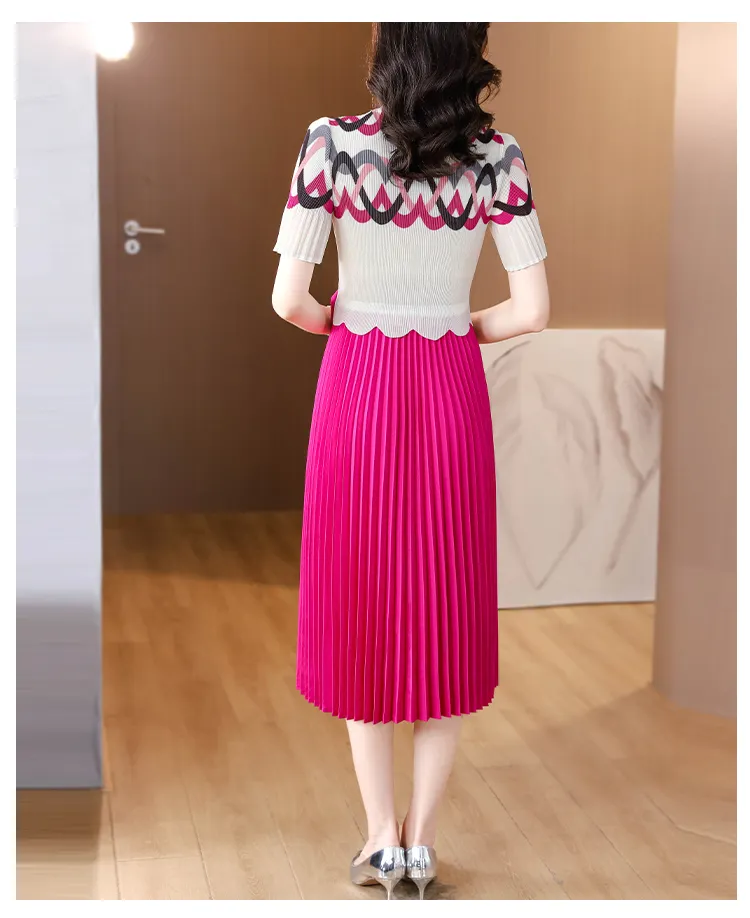 Sanzhai Pleated Dress 2023 Summer New O-Neck Elastic Slim Large Swing Dress Geometric Print Short Sleeve Knee Long Dress