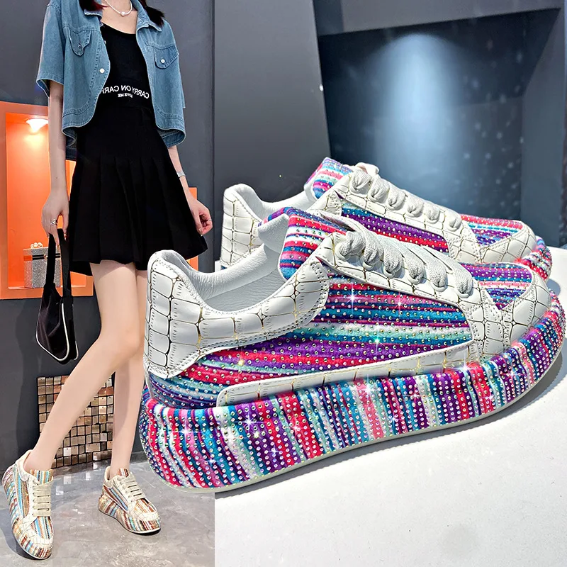 Colorful Diamond Fashion Sports Shoes Women New Autumn Winter Trend Rhinestone Decorative Flat Shoes Banquet Street Casual Shoes