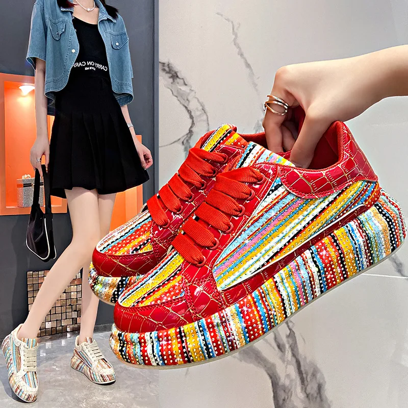 Colorful Diamond Fashion Sports Shoes Women New Autumn Winter Trend Rhinestone Decorative Flat Shoes Banquet Street Casual Shoes