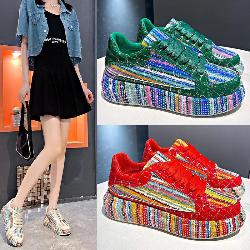 Colorful Diamond Fashion Sports Shoes Women New Autumn Winter Trend Rhinestone Decorative Flat Shoes Banquet Street Casual Shoes