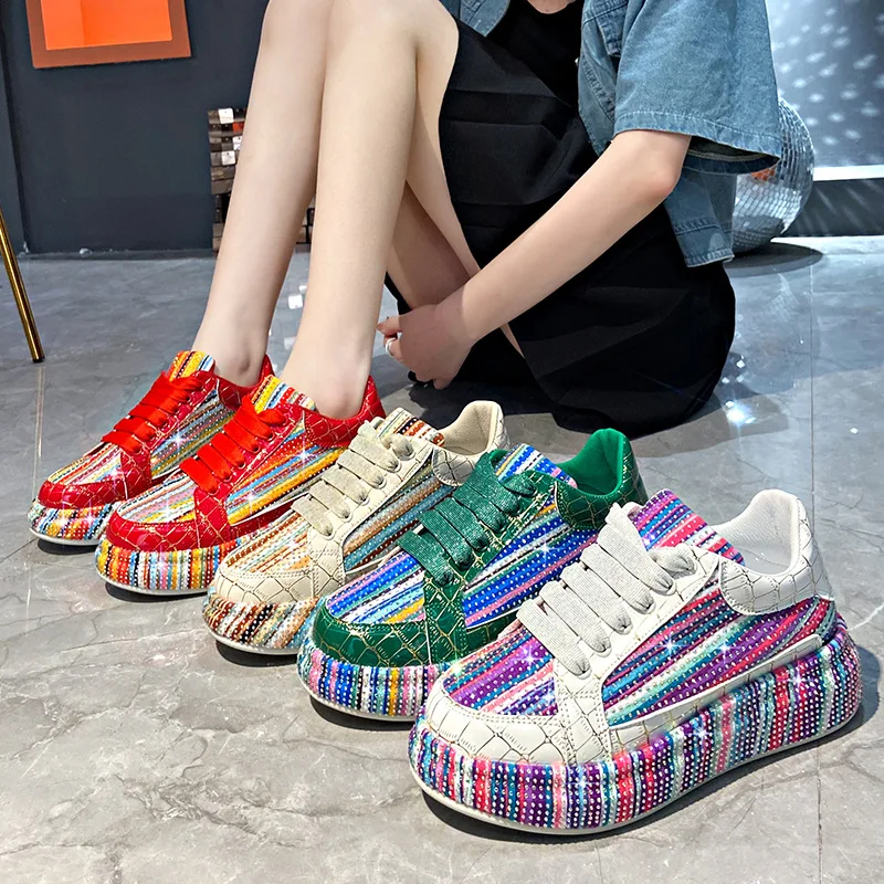 Colorful Diamond Fashion Sports Shoes Women New Autumn Winter Trend Rhinestone Decorative Flat Shoes Banquet Street Casual Shoes