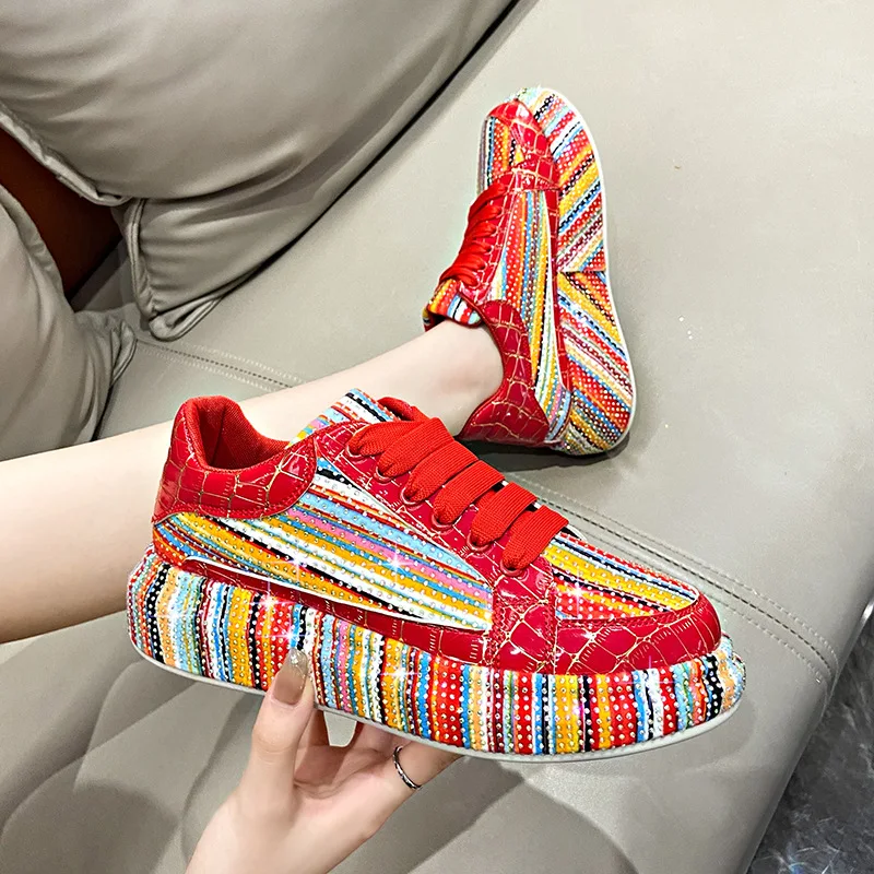 Colorful Diamond Fashion Sports Shoes Women New Autumn Winter Trend Rhinestone Decorative Flat Shoes Banquet Street Casual Shoes