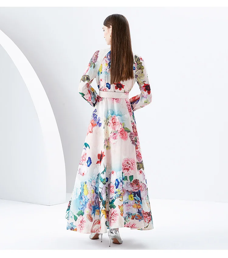2024 Holiday Gorgeous Flower Party Dress Women's Stand Long Sleeve Single Breasted Floral Print Belt Linen Maxi Robe Vestidos