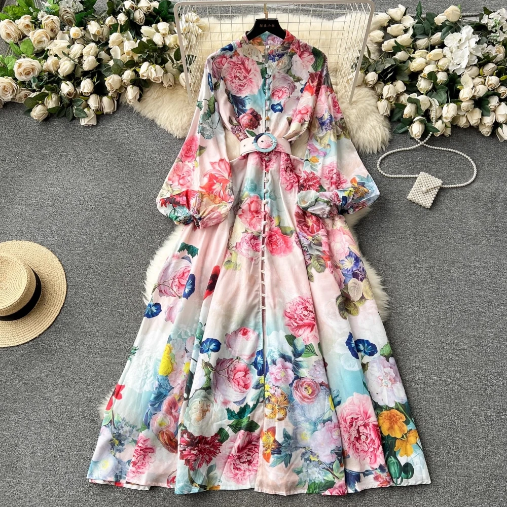 2024 Holiday Gorgeous Flower Party Dress Women's Stand Long Sleeve Single Breasted Floral Print Belt Linen Maxi Robe Vestidos