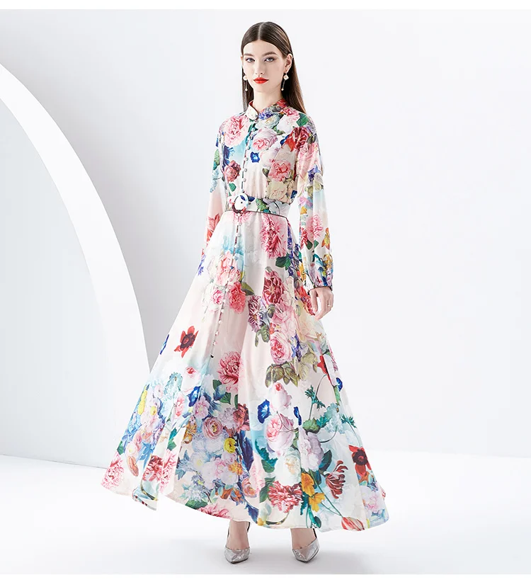 2024 Holiday Gorgeous Flower Party Dress Women's Stand Long Sleeve Single Breasted Floral Print Belt Linen Maxi Robe Vestidos