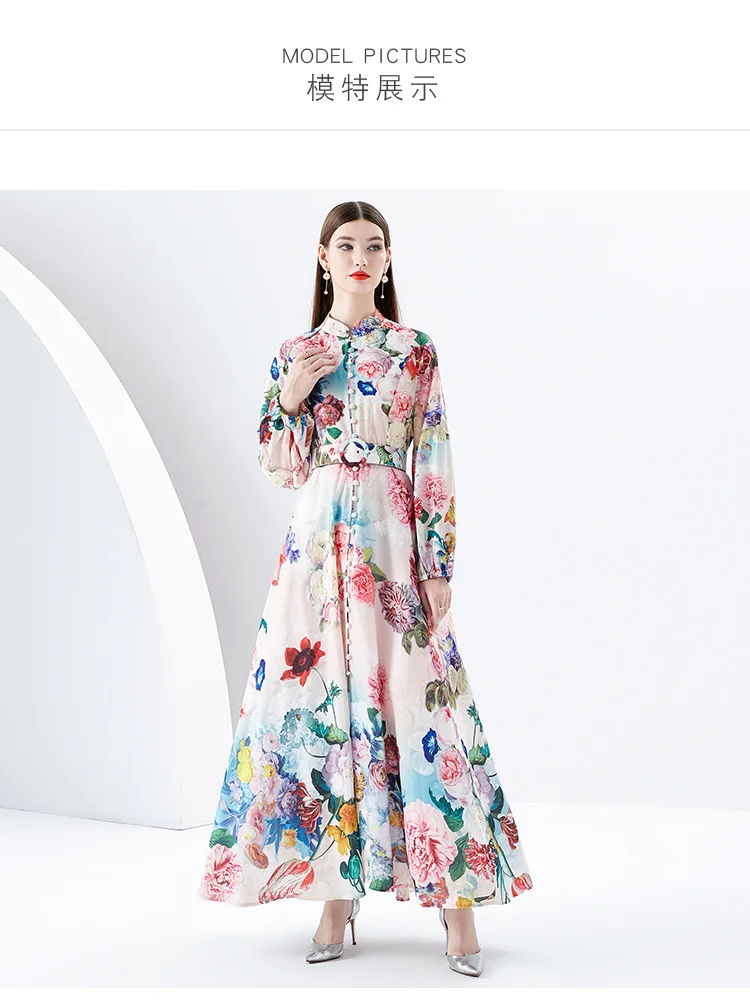 2024 Holiday Gorgeous Flower Party Dress Women's Stand Long Sleeve Single Breasted Floral Print Belt Linen Maxi Robe Vestidos