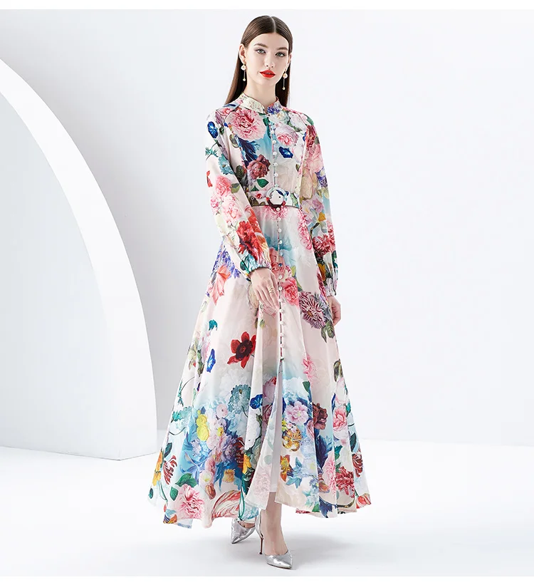 2024 Holiday Gorgeous Flower Party Dress Women's Stand Long Sleeve Single Breasted Floral Print Belt Linen Maxi Robe Vestidos