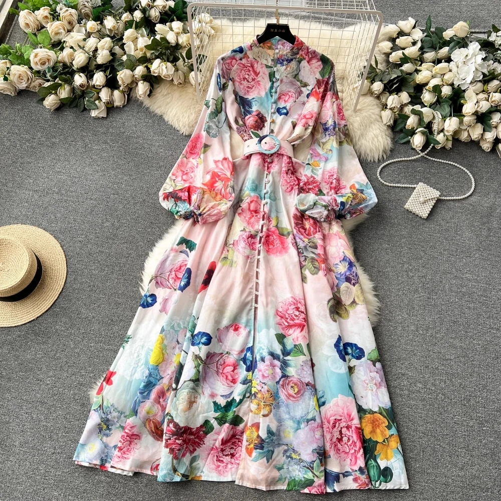 2024 Holiday Gorgeous Flower Party Dress Women's Stand Long Sleeve Single Breasted Floral Print Belt Linen Maxi Robe Vestidos