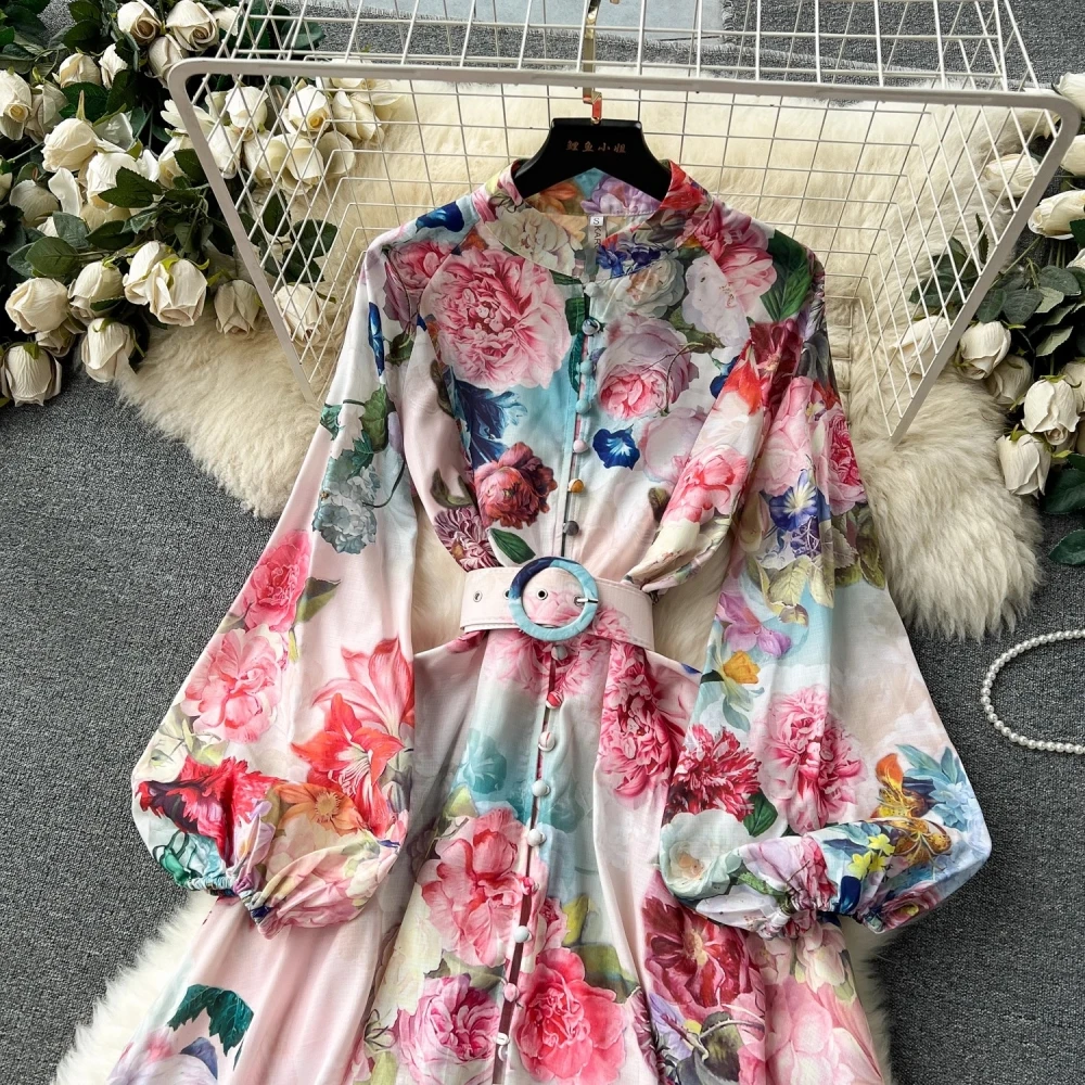 2024 Holiday Gorgeous Flower Party Dress Women's Stand Long Sleeve Single Breasted Floral Print Belt Linen Maxi Robe Vestidos